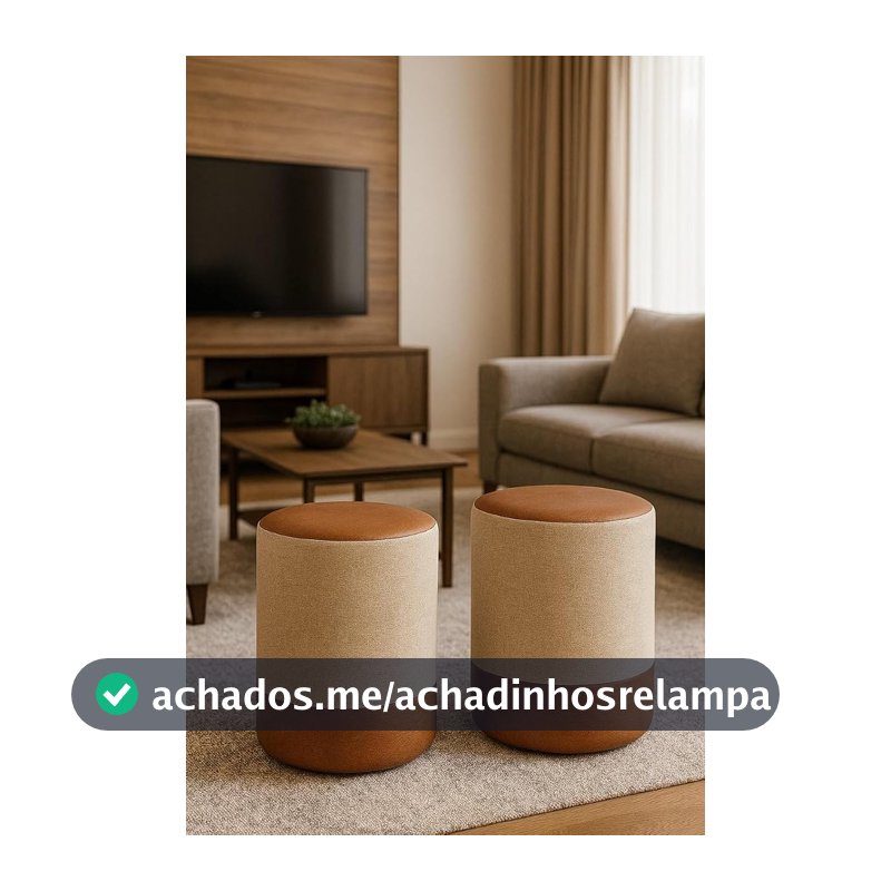 Kit 2 Puff Plus Banquinho Redondo Decorativo em Linho Base e Tampo Courino Bege/Caramelo - PC MÓVEIS
