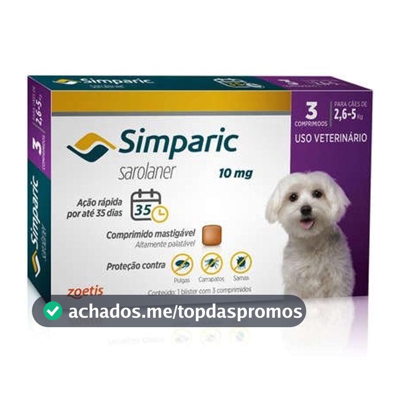 Zoetis Simparic 10Mg Para Cães De 2 6 A 5Kg Com 3 Comprimidos
