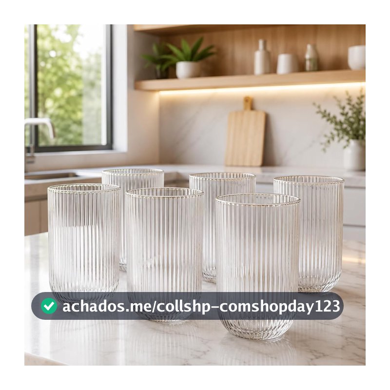 Kit 6 Copos de Vidro Canelado 420 ml com Borda Dourada para Água, Sucos e Drinks, Mesa Posta Elegante