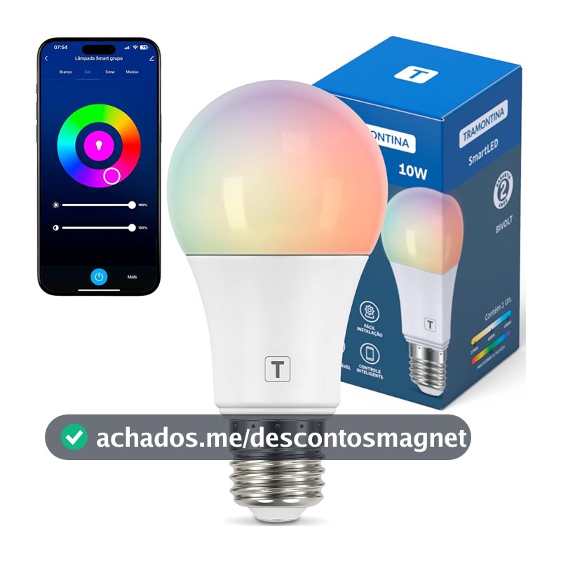 Tramontina Lâmpada Smart LED Inteligente E27 10W Wi-Fi + Bluetooth 16 Milhões de Cores - Compatível com Alexa e Google Assistente