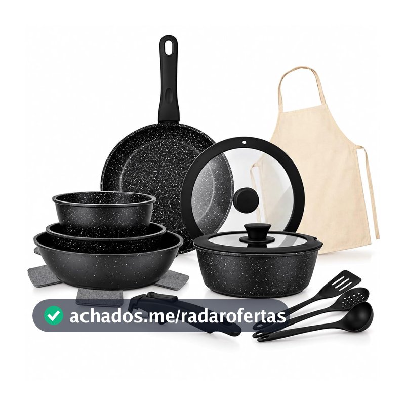 Jogo de Panela 15 Pecas Antiaderente Cabo Removivel Inducao Preto