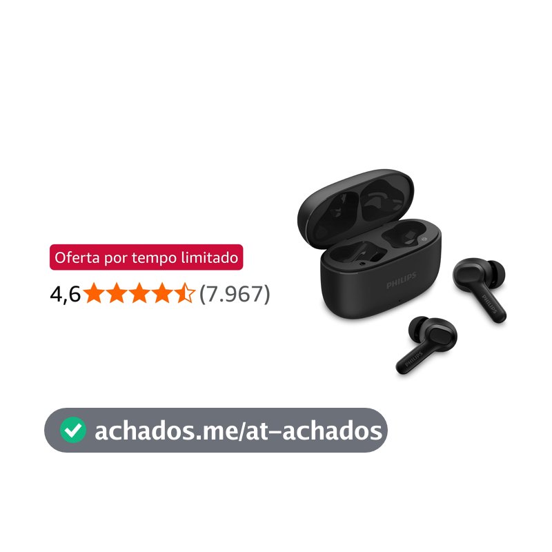 PHILIPS, Fone de Ouvido Sem Fio TWS, TAT1109BK/00, Bluetooth, Com Microfone, Até 24 horas de bateria, Preto