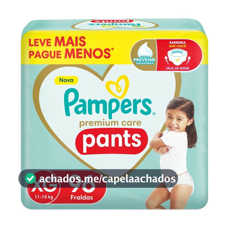 Fralda Pampers Premium Care Pants Tamanho XG, Fácil de Vestir, 96 Unidades