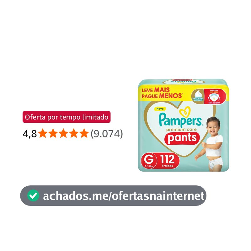 Fralda Pampers Premium Care Pants Tamanho G, Fácil de Vestir, 112 Unidades