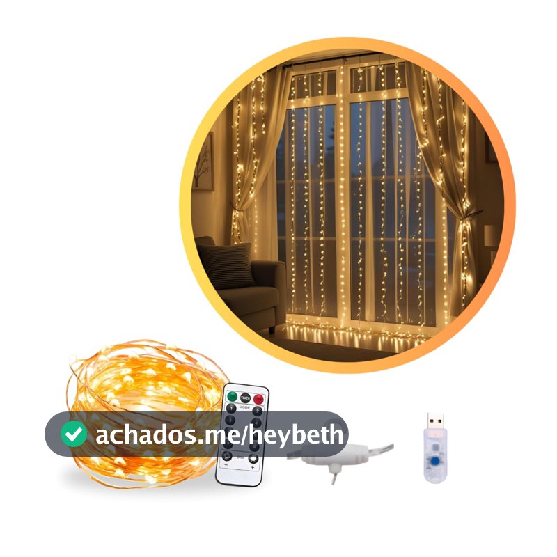 Cortina de LED 3x3m 300 Leds Pisca Pisca Fio de Fada Decoração de Natal Ano Novo Casamento Festas Eventos Especiais Controle Remoto 8 Modos Fio de Cobre Quarto Varandas Janela Conector USB Bivolt