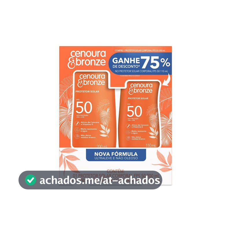 Protetor Solar Líquido Cenoura e Bronze, FPS 50, Kit com 2 Unidades