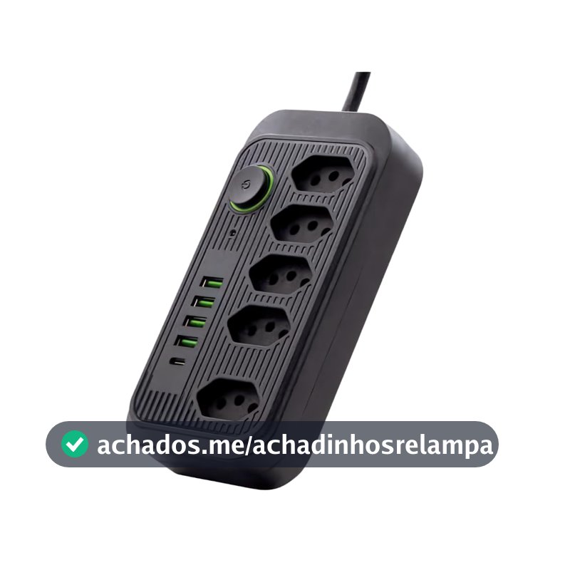 Extensão Elétrica com 5 Tomadas, 4 USB e 1 Tipo-C, Filtro de Linha, 2500W