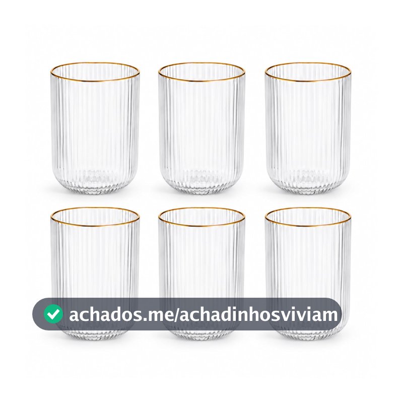 Kit 6 Copos De Vidro Canelado Com Borda Dourada 420ml Elegantes Resistentes Fio De Ouro Premium Versáteis Ideal Para Servir Água Sucos Drinks Mesa Posta Convidados
