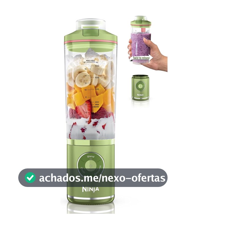 Ninja Blast Max, Liquidificador Portátil + Twist & Go, Smoothie Pessoal, Misturar, Triturar Gelo, 3 Programas, Sem Fio, Recipiente Removível de 22oz, Lavável na Máquina de Louças, À Prova de