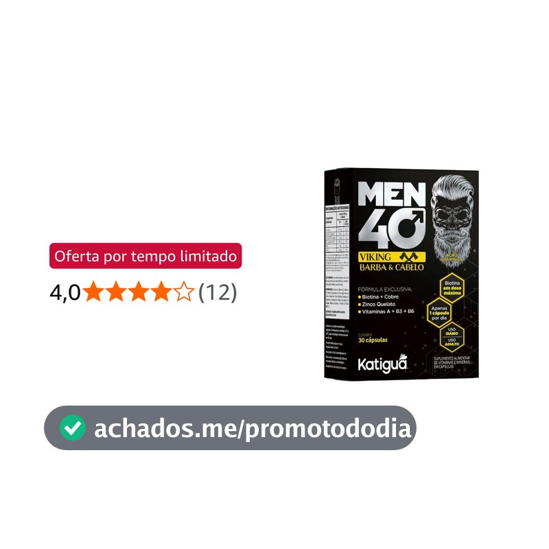 Katiguá, Men 40 Viking Barba e Cabelo, Com Biotina + Cobre, Zinco Quelato, Vitamina A + B3 + B6, Sem sabor, Para Homens, 30 Cápsulas rígidas • 30 doses, Preto