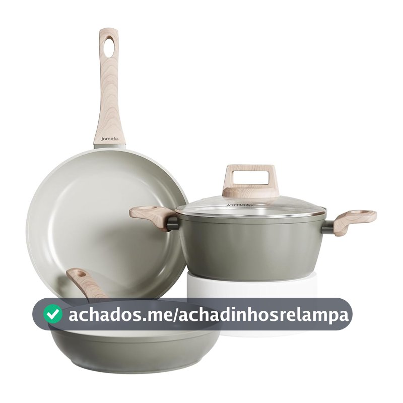 Conjunto de Panelas JADE OLIVE 5 Peças - Frigideiras 20cm e 24cm + Caçarolas 16cm e 20cm + Leiteira 16cm - Alumínio Antiaderente - Indução