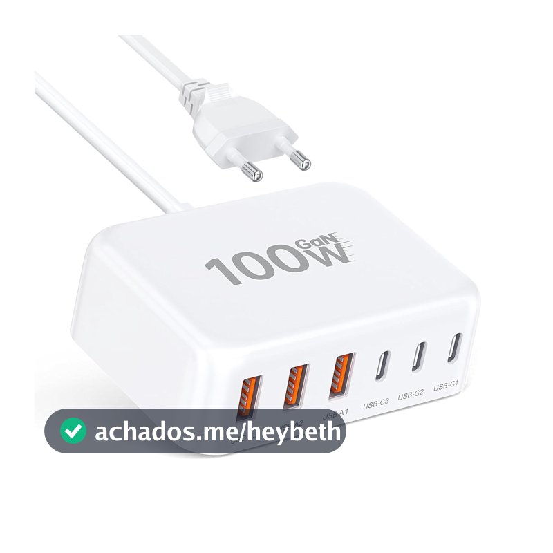 Carregador rápido USB C, hub de carregamento tipo cubo com 6 portas GaN de 100 W, adaptador de tomada com extensão para iPad, iPhone 16/15/14/13/12 Pro Max, Pixel, Note, Galaxy, cabo de 1,5 m