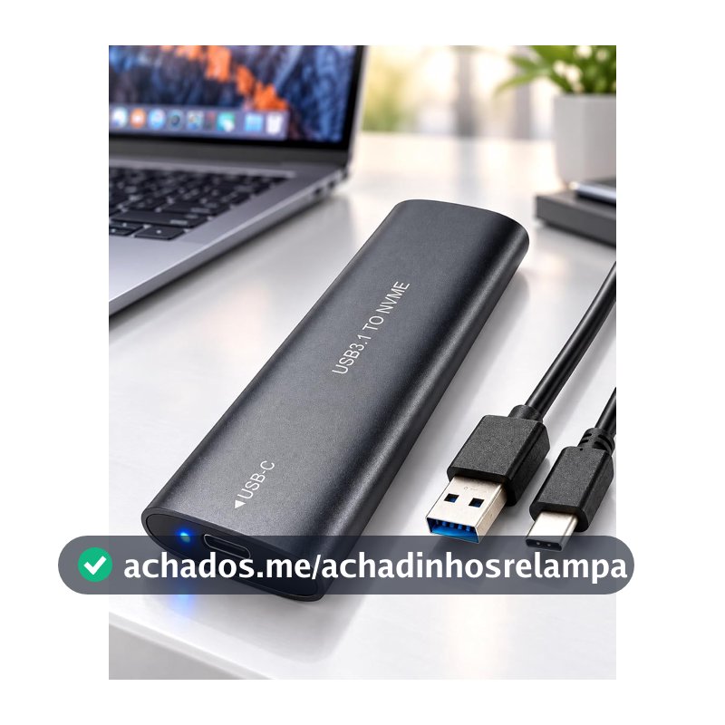 Case Externo Para SSD M.2 NVMe, USB-C 3.1, 10Gbps, Compatível com SSD 2230, 2242, 2260 e 2280, Portátil para Notebook e PC, Cabo USB-C Incluso