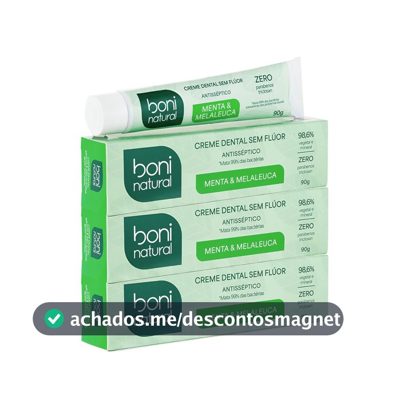 BONI NATURAL - Creme Dental com óleos naturais de Menta e Melaleuca Vegano e Natural, Sem Flúor, Sem Triclosan, 90g, 3 unidades Leve Mais Pague Menos