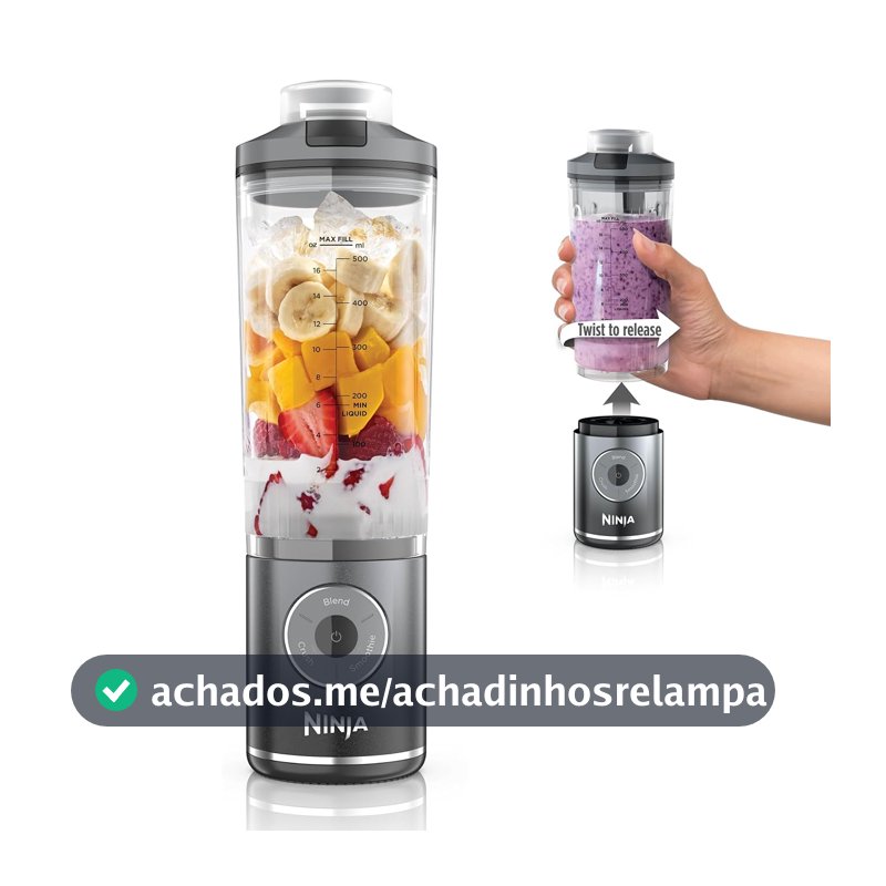Ninja Blast Max, liquidificador portátil e pessoal + Twist & Go, Smoothie, Blend, Ice Crush, 3 programas, sem fio, recipiente removível de 650 ml, lavável na lava-louças, à prova de vazamento, cinza