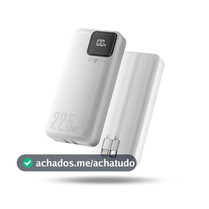 Power Bank com cabo integrado, Carregador Portátil de 20000mAh com Carga Rápida, Múltiplas Portas, Design Leve e Proteção Inteligente para Dispositivos iOS e Android/USB/Type-C/Branco(MD-12412)