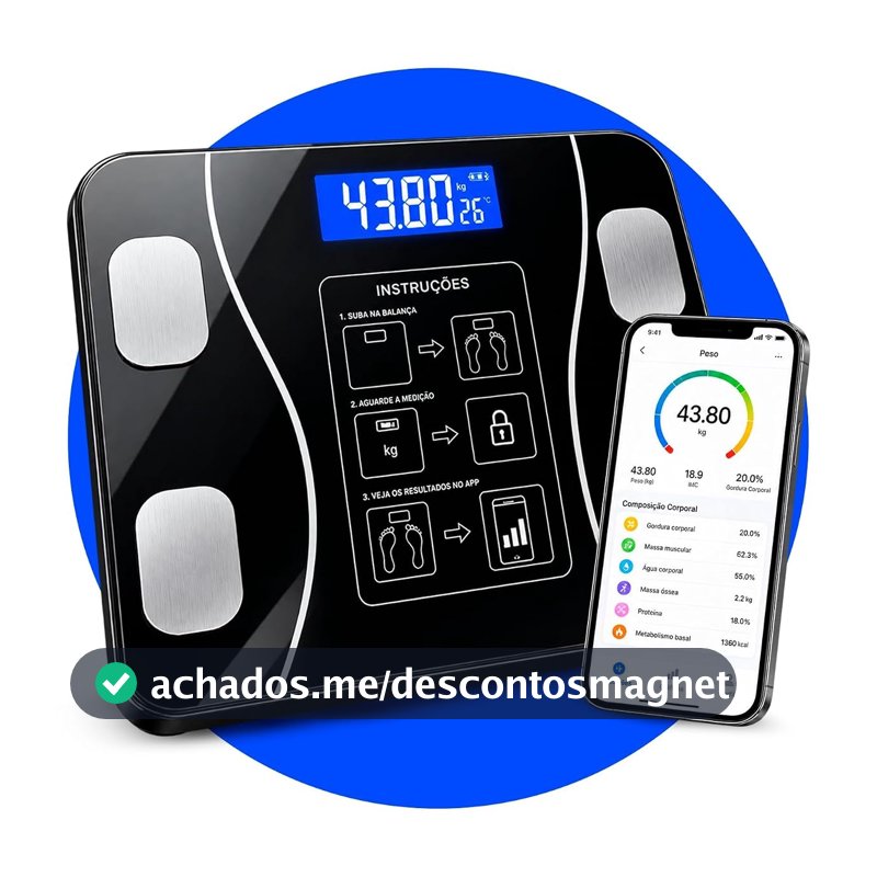Balança Corporal Inteligente Digital Bluetooth até 180kg, Bioimpedância, Aplicativo, Gordura Corporal, Massa Muscular, Precisão 50g Fitness Premium