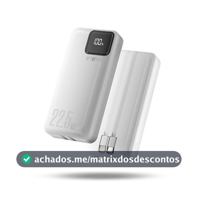 Power Bank com cabo integrado, Carregador Portátil de 20000mAh com Carga Rápida, Múltiplas Portas, Design Leve e Proteção Inteligente para Dispositivos iOS e Android/USB/Type-C/Branco(MD-12412)