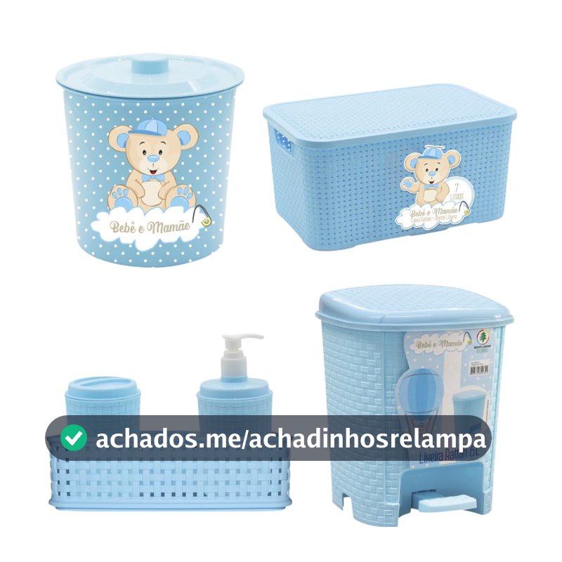 Kit Higiene Bebê Organizador Lixeiras Caixa Multiuso Rattan (azul)