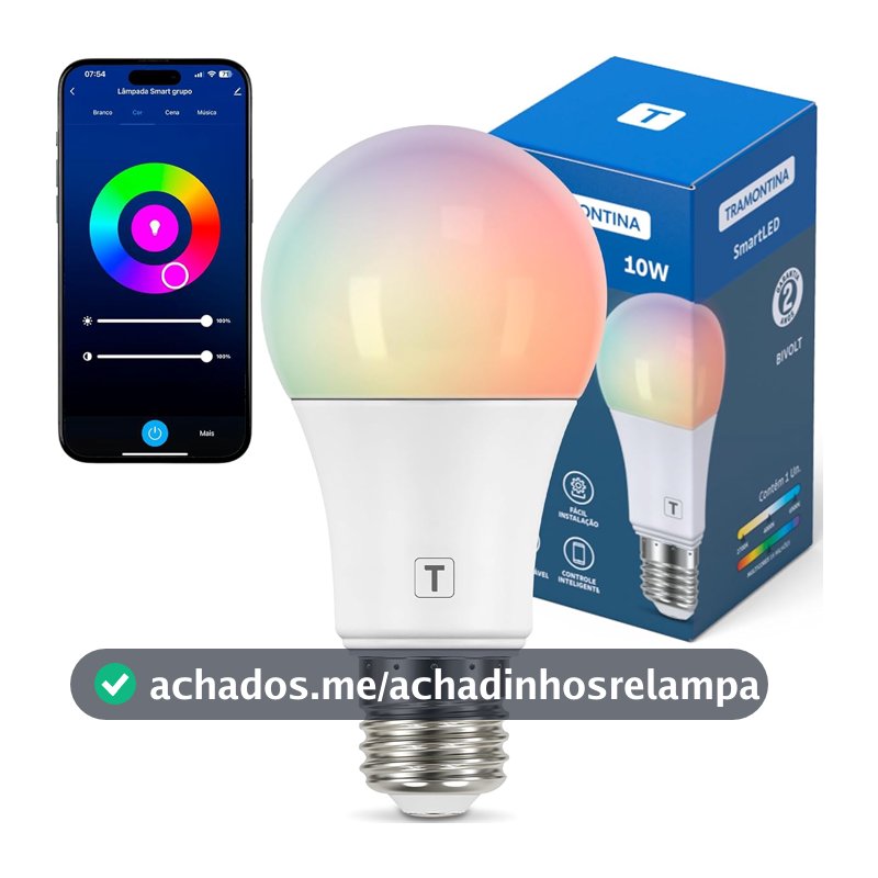 Tramontina Lâmpada Smart LED Inteligente E27 10W Wi-Fi + Bluetooth 16 Milhões de Cores - Compatível com Alexa e Google Assistente