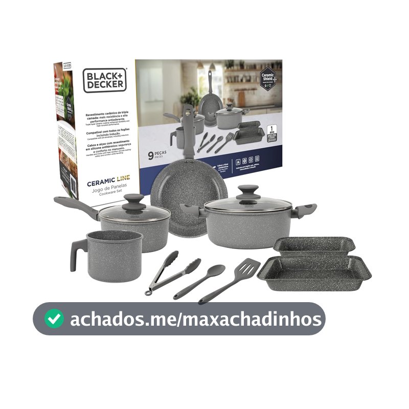 BLACK+DECKER JOGO DE PANELAS 9 PEÇAS CERAMIC LINE - CORPO COM REVESTIMENTO CERÂMICO ANTIADERENTE COM ACABAMENTO MARMORIZADO GREY MARBLE, BASE COMPATÍVEL COM INDUÇÃO