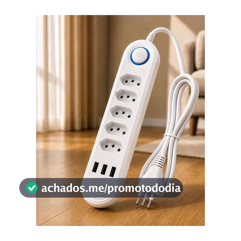 Filtro de Linha 5 Tomadas com 3 USB, Extensão Elétrica Bivolt 110V 220V, Cabo 2 Metros, Botão Liga e Desliga, Régua de Tomadas 10A 2500W para Notebook, Celular, TV, Videogame e Home Office