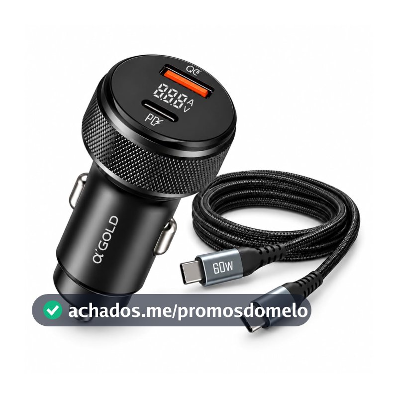 Carregador Veicular Turbo 60W com USB-C e USB com Cabo USB-C, Carregamento Rápido para 2 Dispositivos Simultaneamente, Adaptador para Carro, para Celulares IOS, Android, Tablets