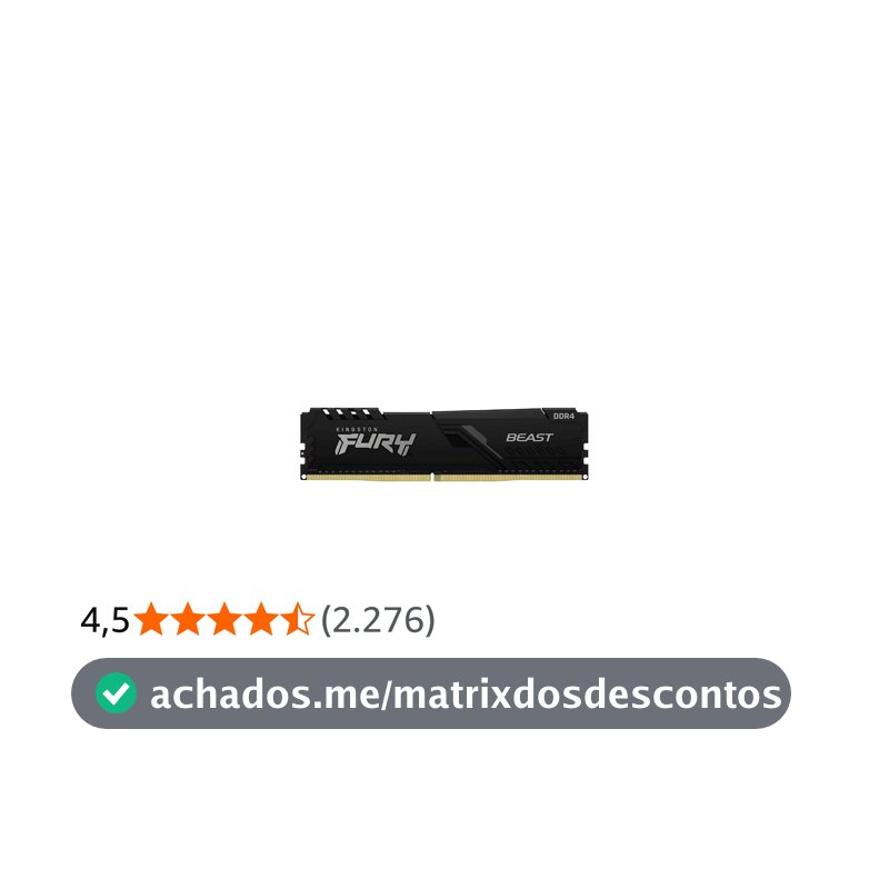 KF432C16BB/16 - Memória de 16GB DIMM DDR4 3200Mhz FURY Beast 1,35V 1Rx8 288 pinos para desktop/gamers, Preto