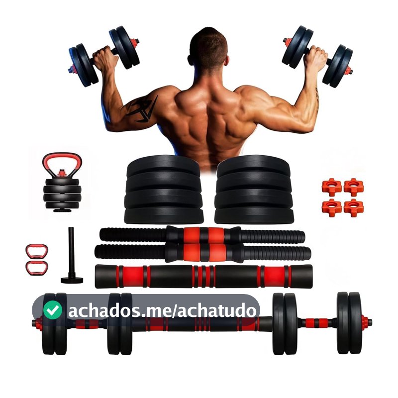 Kit Halteres Ajustáveis 15kg 6 em 1 com Barras, Anilhas e Kettlebell Multifuncional - Pesos para Musculação, Academia em Casa, Crossfit, Treino Funcional, Fitness, Pegada Antiderrapante