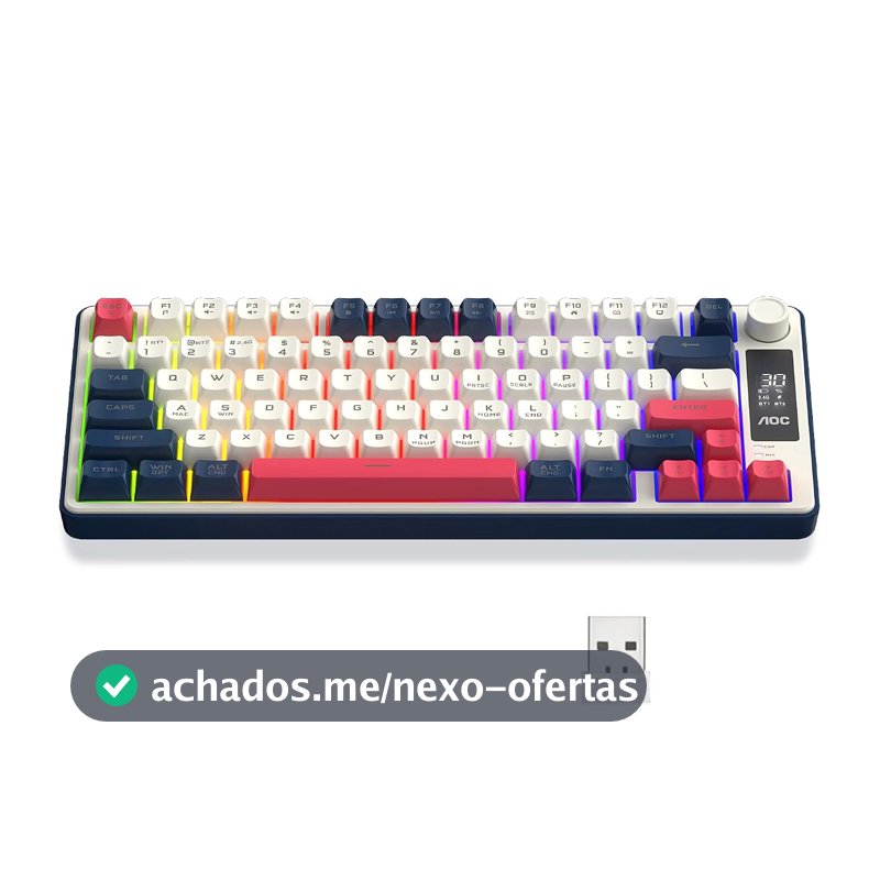 AOC GK280 Teclado sem fio 70%, Bluetooth Trimodo /2.4 GHz/USB-C, Teclado Gamer RGB LED Rainbow, Ideal para Jogos e Digitação, Ergonômico, Bateria Recarregável