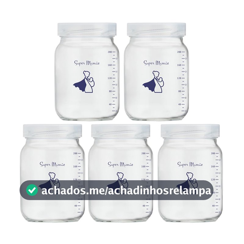 Kit com 5 Potes de Vidro para Armazenar Leite Materno 200ml Com Graduação