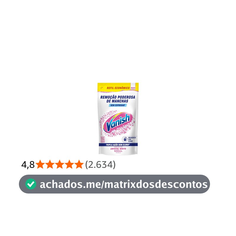 Tira Manchas Líquido Vanish White refil 500ml para Roupas Brancas. Sem Cloro, remove manchas sem danificar os tecidos e deixa o branco até 5 tons mais branco. Confie em Vanish.
