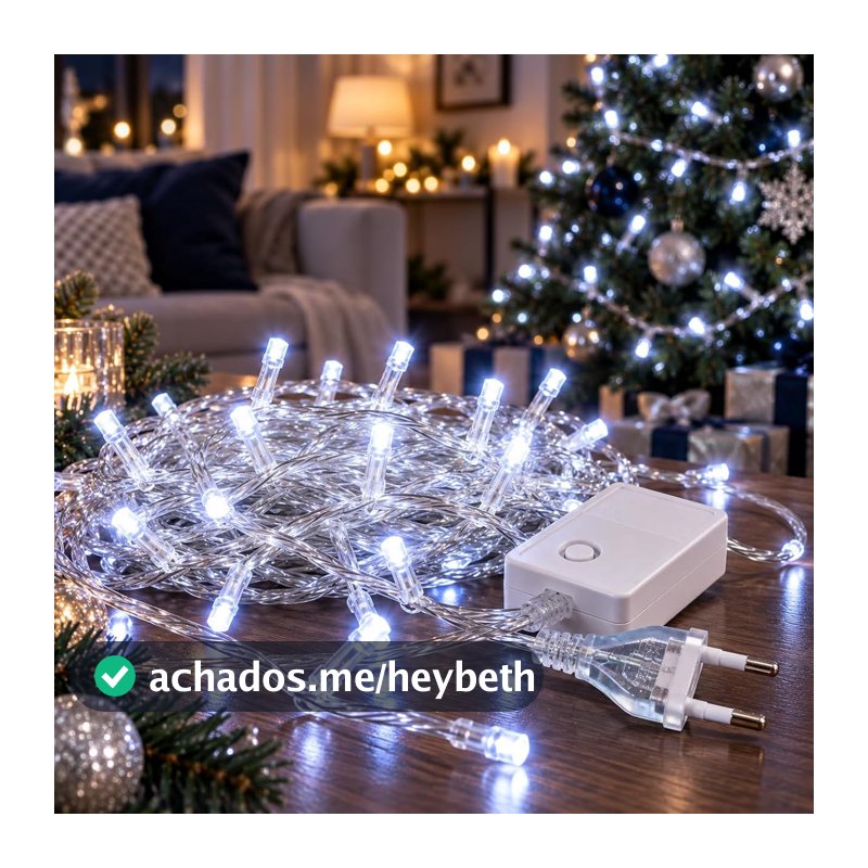 Led Decorativo Pisca-Pisca 8 Funções 08m Natal 100 LEDs Fio Transparente