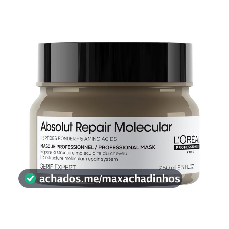 L'Oréal Professionnel Máscara Absolut Repair Molecular, Repara os Danos & Recupera a Força, Maciez & Desembaraço, Para cabelos danificados e muito danificados