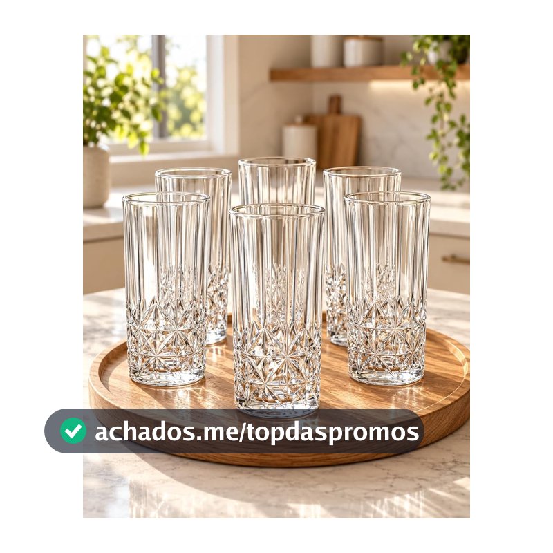 Jogo de 6 Copos de Vidro 360 ml, Copos Altos com Base Decorada e Filetes para Água, Suco e Refrigerante, Mesa Posta