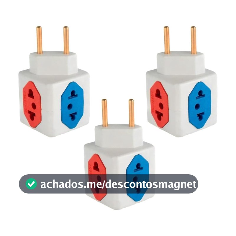 KIT Com 3 Adaptadores Benjamim Cubo 3D Com 3 Entradas de Tomada 10 Amperes E 1 Entrada de Tomada 20 Amperes Colorido Vermelho Azul Plug Padrão Novo 3 Pinos Resistente