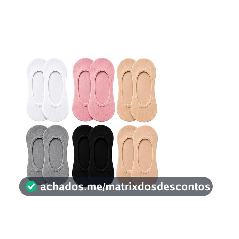 Oferta por tempo limitado: Kit 6 Pares Meia Sapatilha Feminina Invisível com Silicone Antideslizante