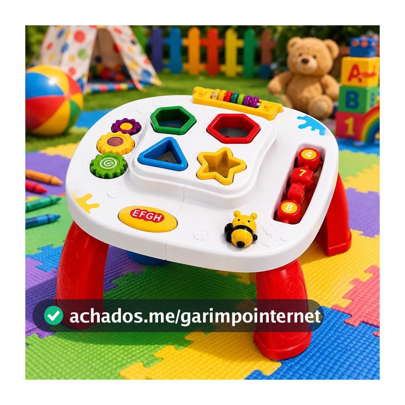 Mesinha Didática Infantil com Atividades – Brinquedo Educativo Sensorial com Formas de Encaixe, Engrenagens e Som – Coordenação Motora 12 Meses+