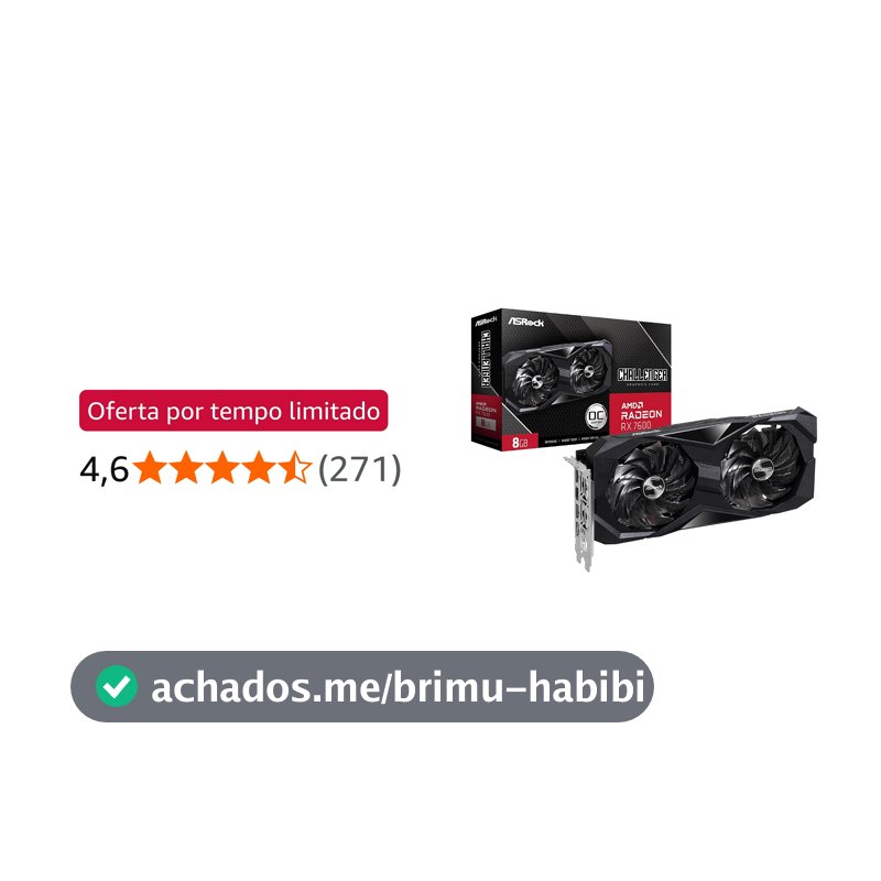 Placa de Vídeo ASRock Radeon RX 7600 Challenger OC, 8GB, GDDR6, 128-Bit, FSR, Ray Tracing, Preto
