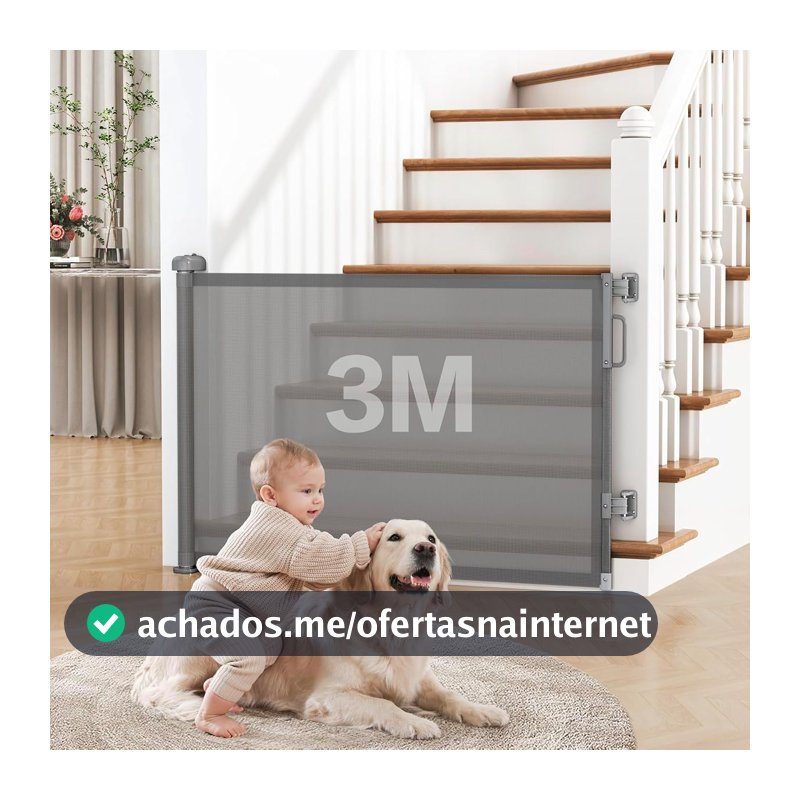 Portão de Segurança Retrátil para Bebês e Pets, 86 cm x 3 m, Tela PVC, cinza
