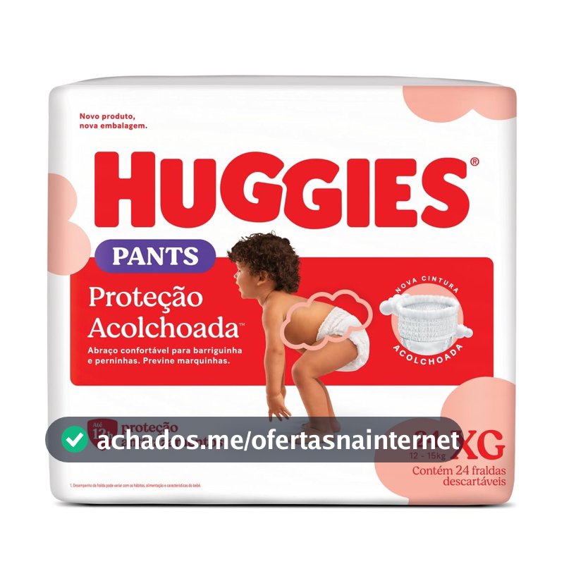 Fralda Pants Huggies Proteção Acolchoada Tamanho XG 24 unidades – Nova fralda Supreme Care estilo roupinha, que veste como shortinho e com cintura acolchoada super macia que previne marquinhas, fácil de colocar e tirar (embalagem pode variar)