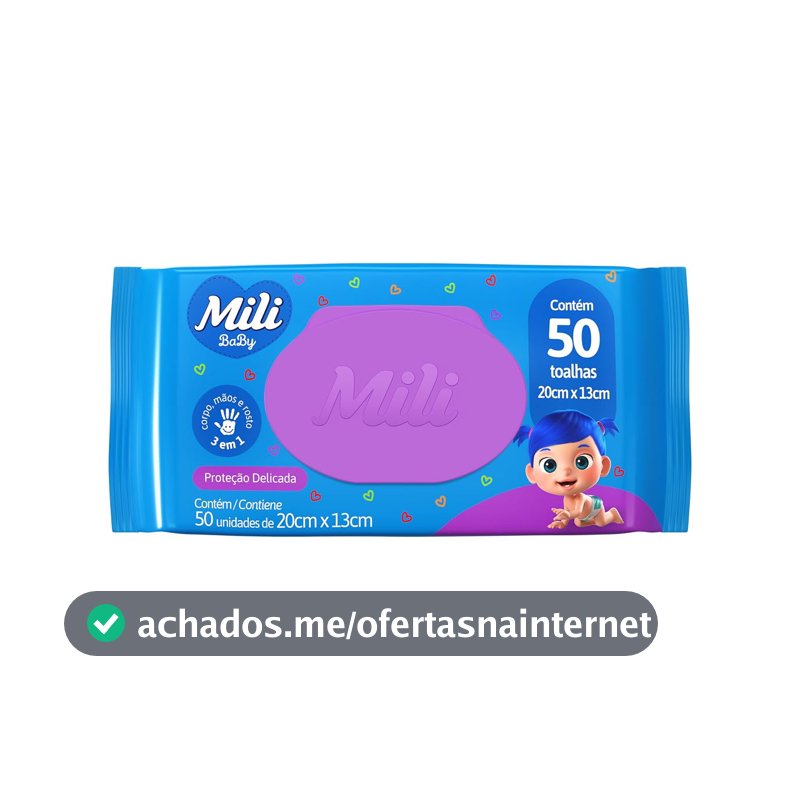 Mili Toalhas Umedecidas Baby, Uso Bebê, Com Aloe Vera e Calêndula, Dermatologicamente Testadas, 50 Unidades