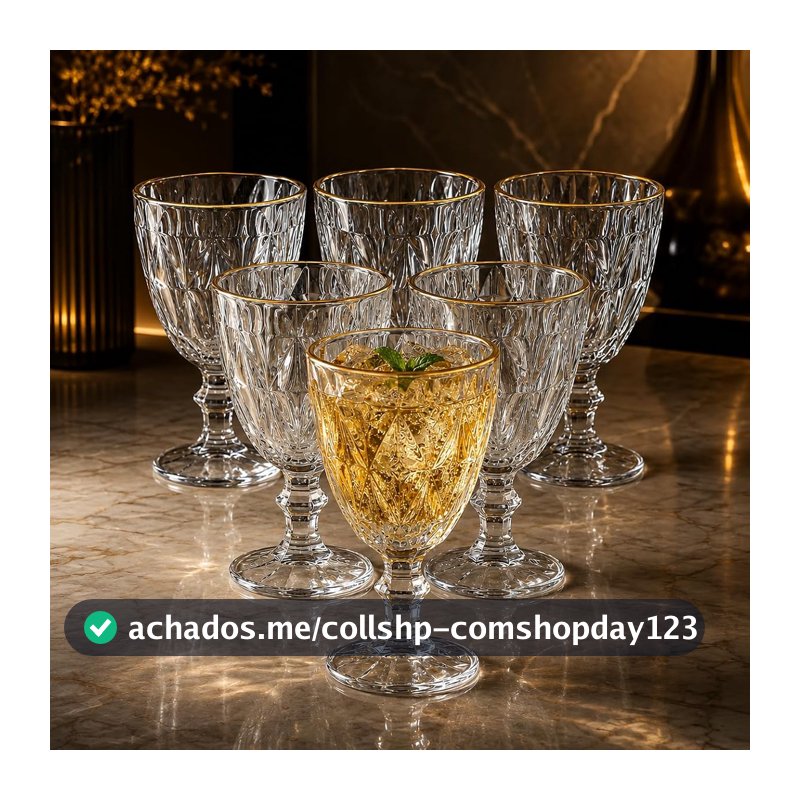 Jogo com 6 Taças de Vidro 330ml com Borda Dourada Design Diamante