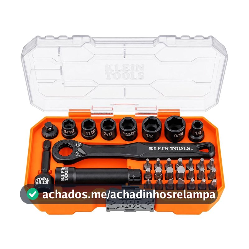 Klein Tools 65300 Conjunto de soquete de passagem com classificação de impacto de 32 peças com caixa MODbox, unidade de 1/10.2 cm, soquetes, brocas e acessórios