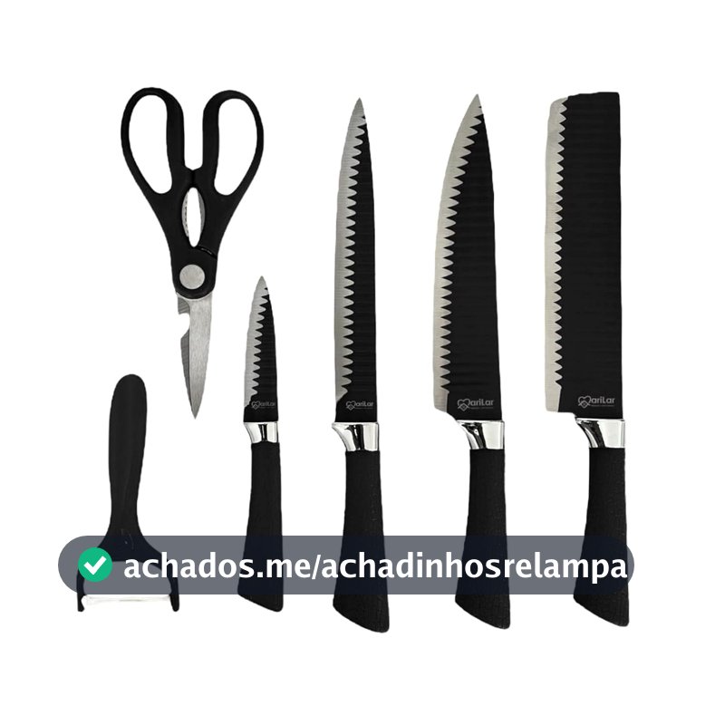 Kit Jogo Facas 6 peças Inox Descascador Tesoura Churrasco Cozinha Faqueiro Luxo Presente (Preto)
