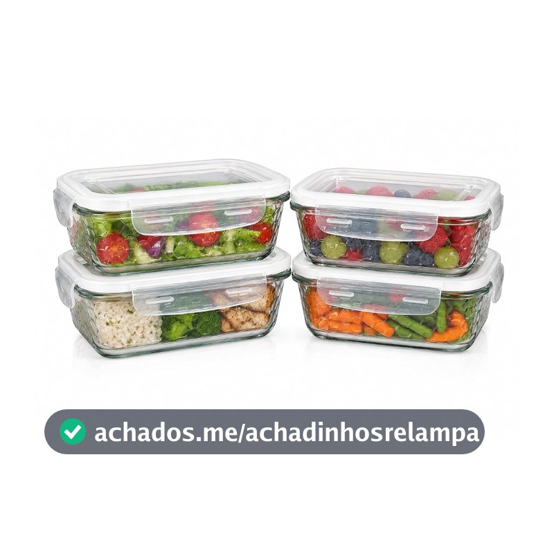 Kit 4 Potes de Vidro Retangular com Tampa Hermética e Vedação de Silicone - Armazenamento Seguro e Versátil de 640ml para Alimentos (Branco)