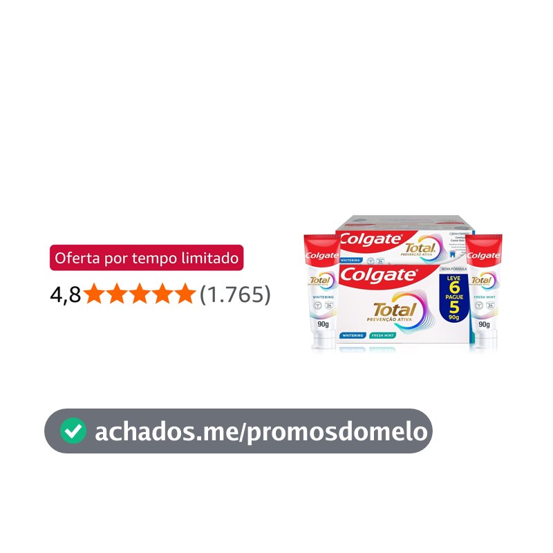 Colgate Total Whitening & Fresh Mint Creme Dental Clareador, 6x90g