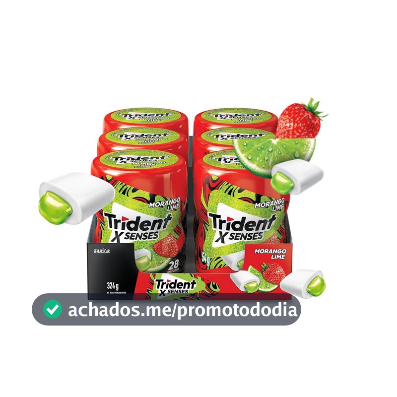 Chiclete Trident XSenses Morango Lime Sem Açúcar Garrafa - Caixa com 6 unid. de 54g