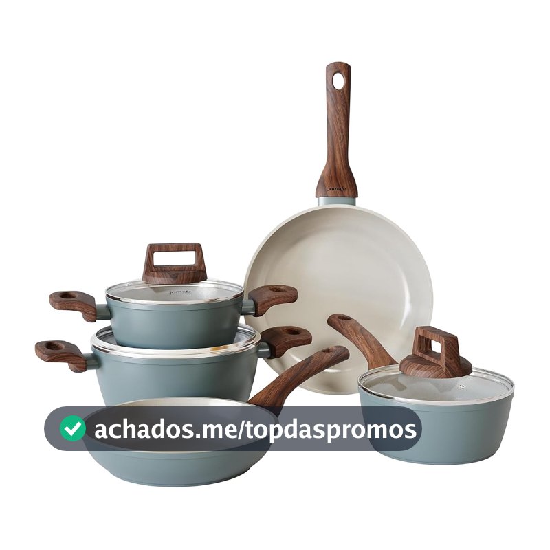 Conjunto de Panelas OSLO WOOD 5 Peças - Frigideiras 20cm e 24cm + Caçarolas 16cm e 20cm + Leiteira 16cm - Alumínio Antiaderente - Indução