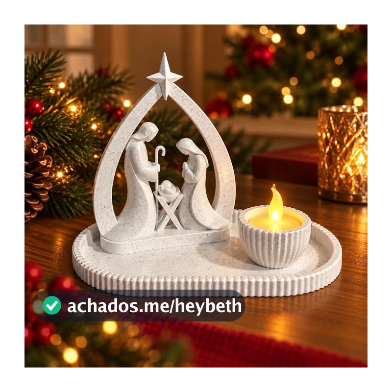 Kit Presépio Natalino 3 Peças com Bandeja e Vela LED em PLA (Branco Marmore)